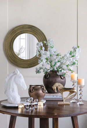 Round Gold and Black Wooden Accent Mirror with Woven Texture - 29.5"