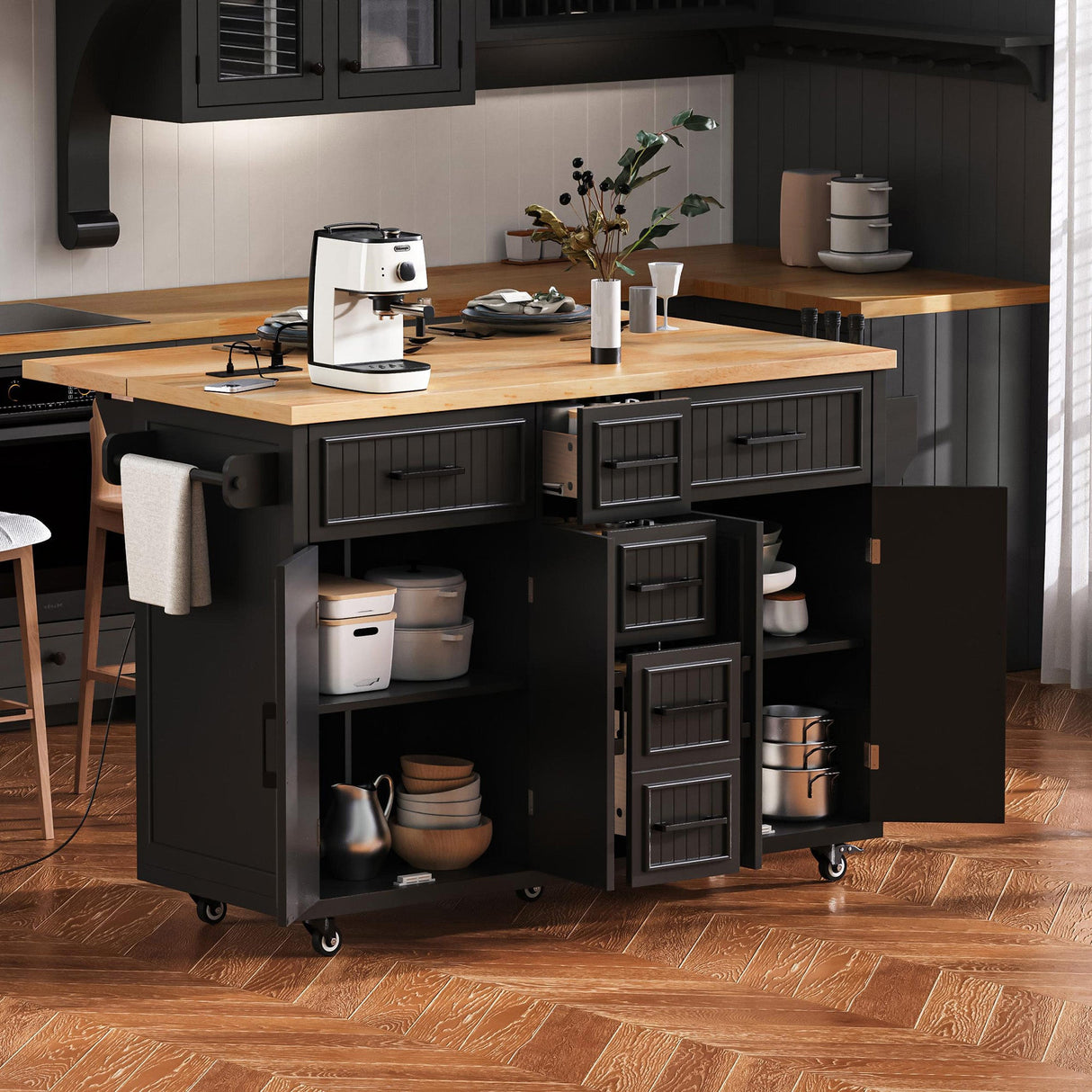 K&K 56.5'' Kitchen Island with Drop Leaf, Power Outlet