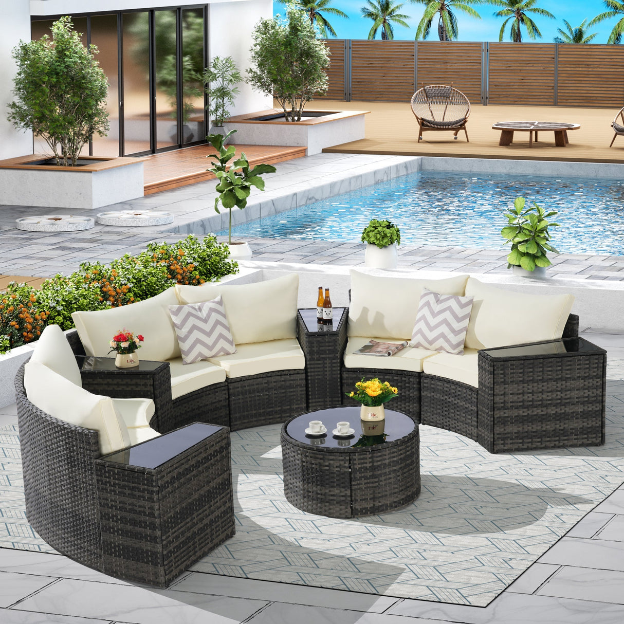 Outdoor Patio Furniture 11-Piece Half-Moon Sectional Round Patio Sofa Set
