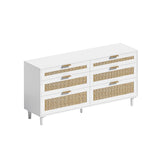 White Rattan Dresser with 6 Drawers, Metal Handles & Wood Legs