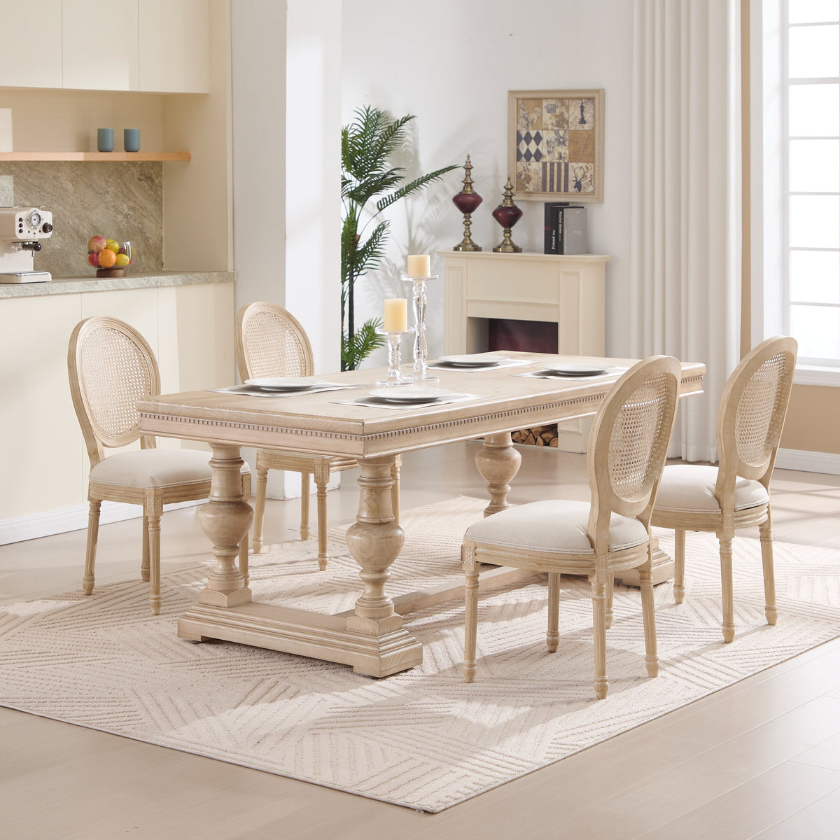 French Country Dining Chairs Set of 2 with Rattan Back - Beige Upholstery