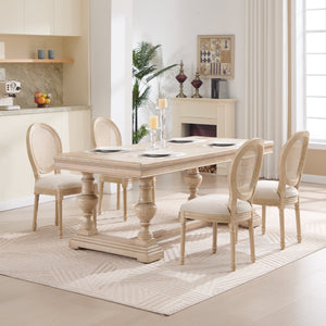French Country Dining Chairs Set of 2 with Rattan Back - Beige Upholstery