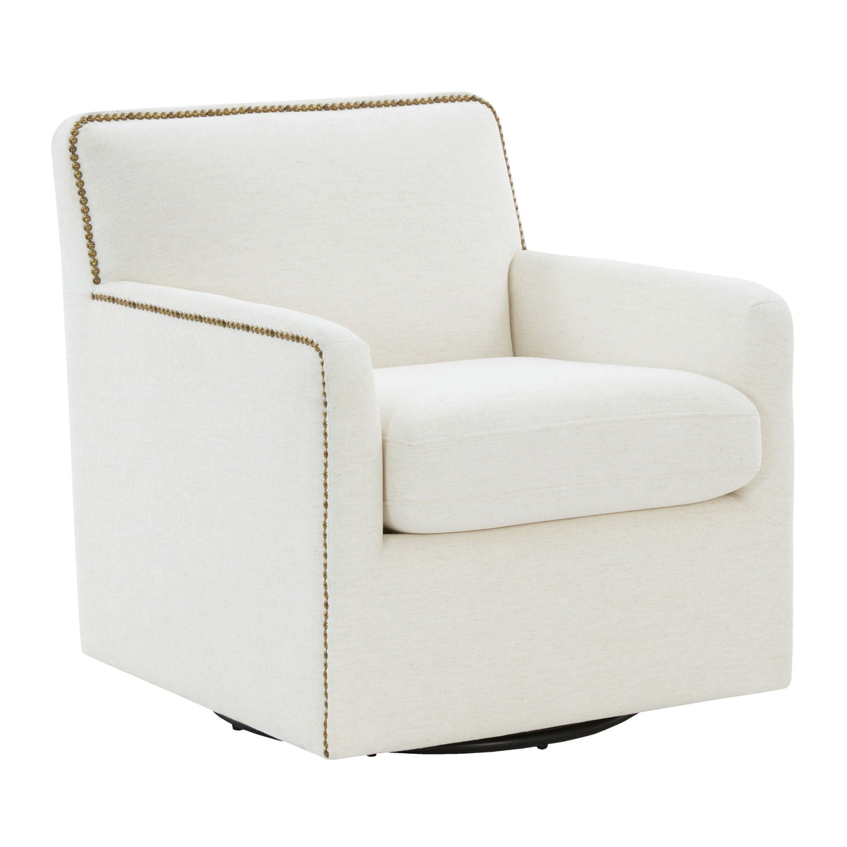 Cream Swivel Accent Chair with Antique Brass Nailhead Trim