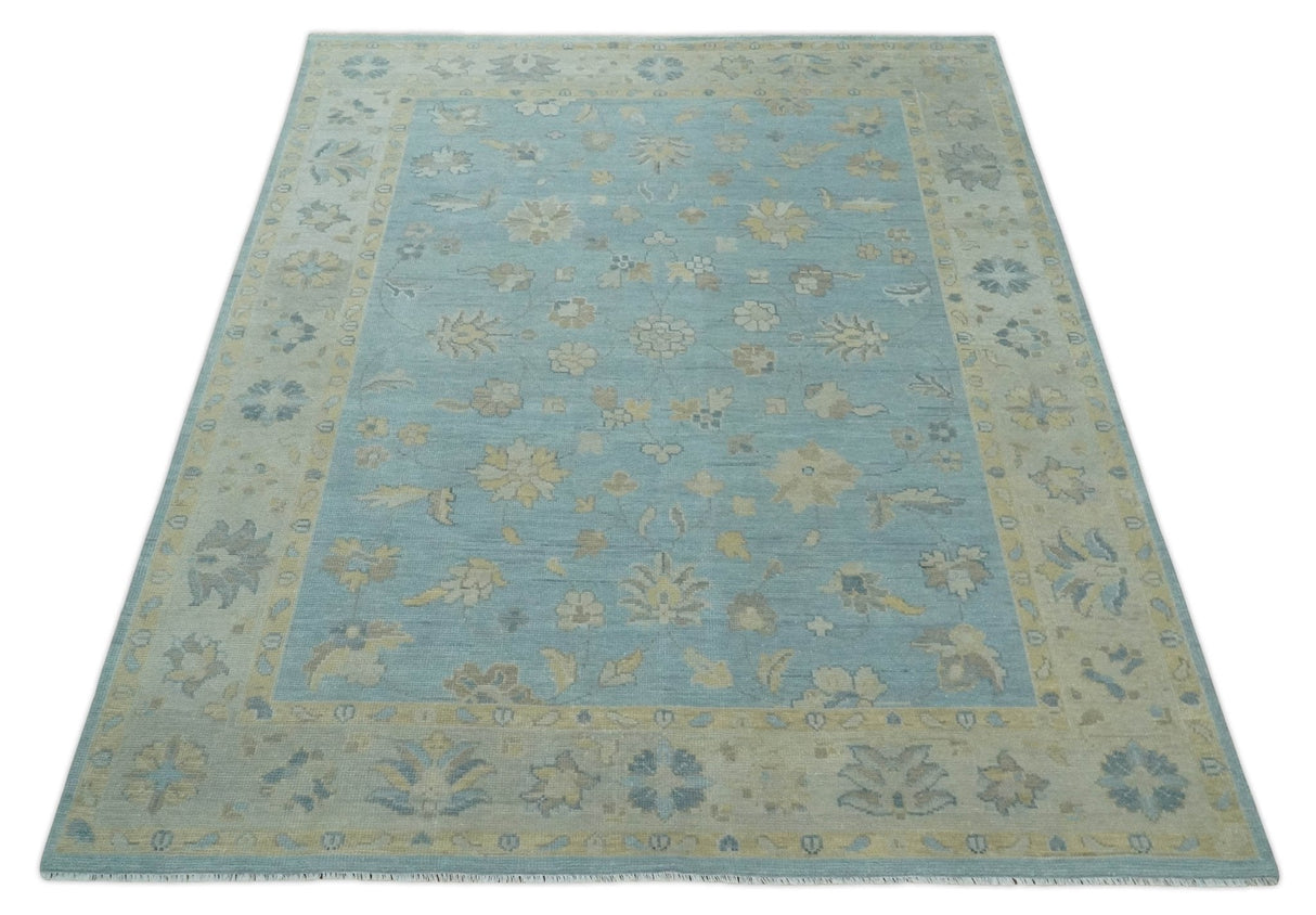 Made to Order Aqua, Beige and Ivory Hand Knotted Floral Oushak Wool Rug