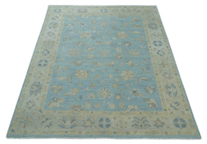 Made to Order Aqua, Beige and Ivory Hand Knotted Floral Oushak Wool Rug