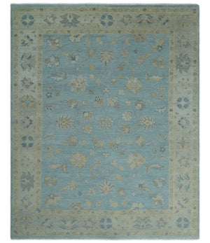 Made to Order Aqua, Beige and Ivory Hand Knotted Floral Oushak Wool Rug