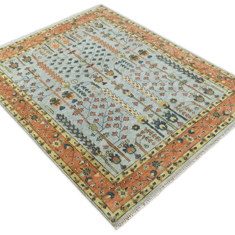 Hand Knotted Rust and Blue Traditional Turkish Vintage Multi Size Wool Rug