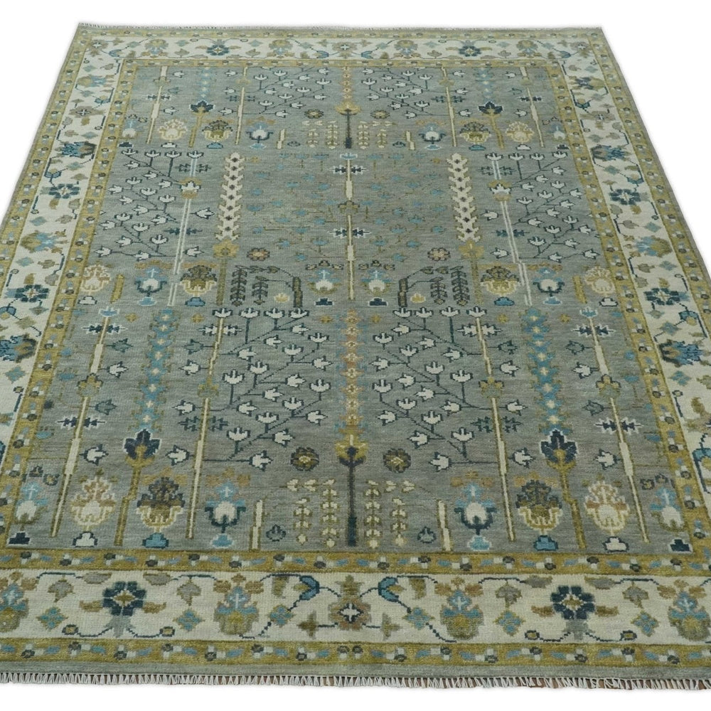 Tree of life Hand Knotted Silver, Ivory and Beige Traditional Vintage Style Custom Made Wool Rug