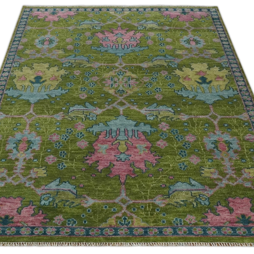 Moss Green, Blue and Peach Hand Knotted Vibrant colorful Donegal Design Multi Size Wool Area Rug