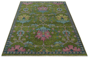 Moss Green, Blue and Peach Hand Knotted Vibrant colorful Donegal Design Multi Size Wool Area Rug