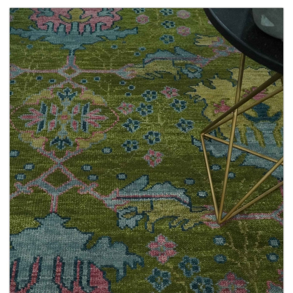 Moss Green, Blue and Peach Hand Knotted Vibrant colorful Donegal Design Multi Size Wool Area Rug