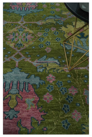 Moss Green, Blue and Peach Hand Knotted Vibrant colorful Donegal Design Multi Size Wool Area Rug