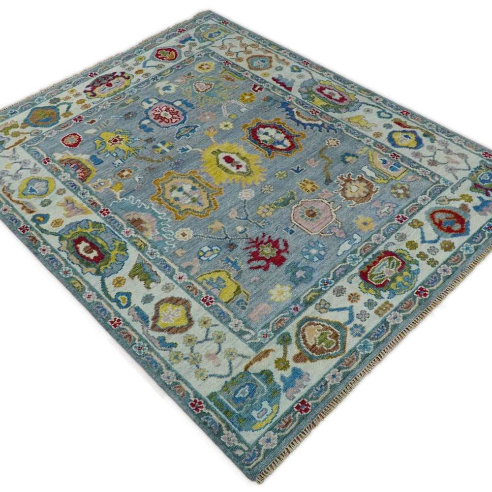 Traditional Blue and Ivory Vibrant Colorful Hand knotted Oushak Multi Size wool Area Rug