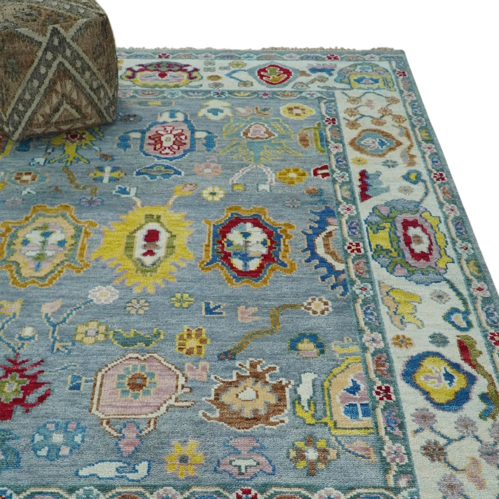 Traditional Blue and Ivory Vibrant Colorful Hand knotted Oushak Multi Size wool Area Rug