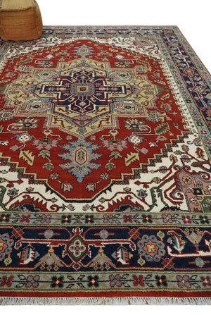 8x10 and 9x12 Hand Knotted Brown, Mustard, Ivory and Blue Traditional Wool Area Rug