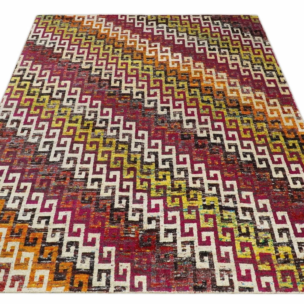 8x10 and 9x12 Hand Knotted Multicolor Modern Contemporary Southwestern Tribal Trellis Recycled Silk Area Rug