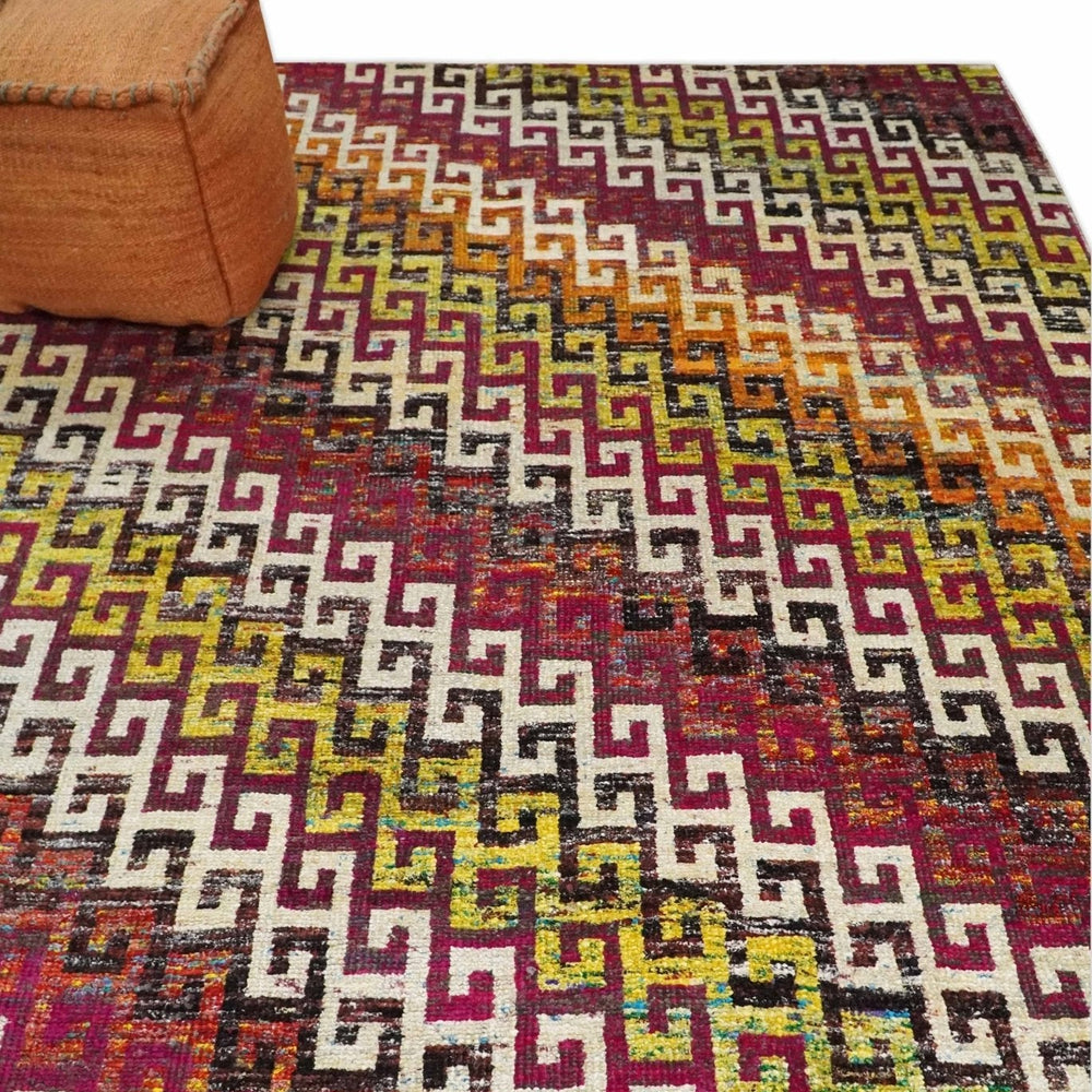 8x10 and 9x12 Hand Knotted Multicolor Modern Contemporary Southwestern Tribal Trellis Recycled Silk Area Rug