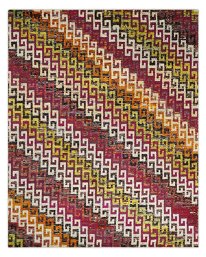 8x10 and 9x12 Hand Knotted Multicolor Modern Contemporary Southwestern Tribal Trellis Recycled Silk Area Rug