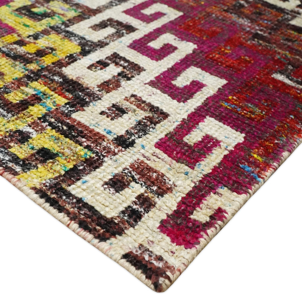 8x10 and 9x12 Hand Knotted Multicolor Modern Contemporary Southwestern Tribal Trellis Recycled Silk Area Rug