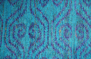 Hand Knotted Teal Blue and Violet Modern Contemporary Southwestern Tribal Trellis Recycled Silk Area Rug