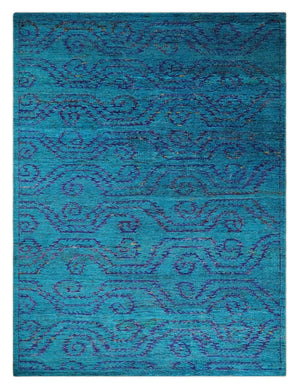 Hand Knotted Teal Blue and Violet Modern Contemporary Southwestern Tribal Trellis Recycled Silk Area Rug