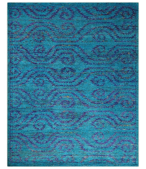 Hand Knotted Teal Blue and Violet Modern Contemporary Southwestern Tribal Trellis Recycled Silk Area Rug