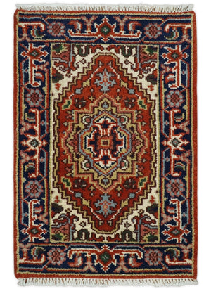 Hand Knotted Red, Ivory and Blue Traditional Heriz Multi size Wool Area Rug