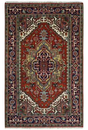 Hand Knotted Red, Ivory and Blue Traditional Heriz Multi size Wool Area Rug