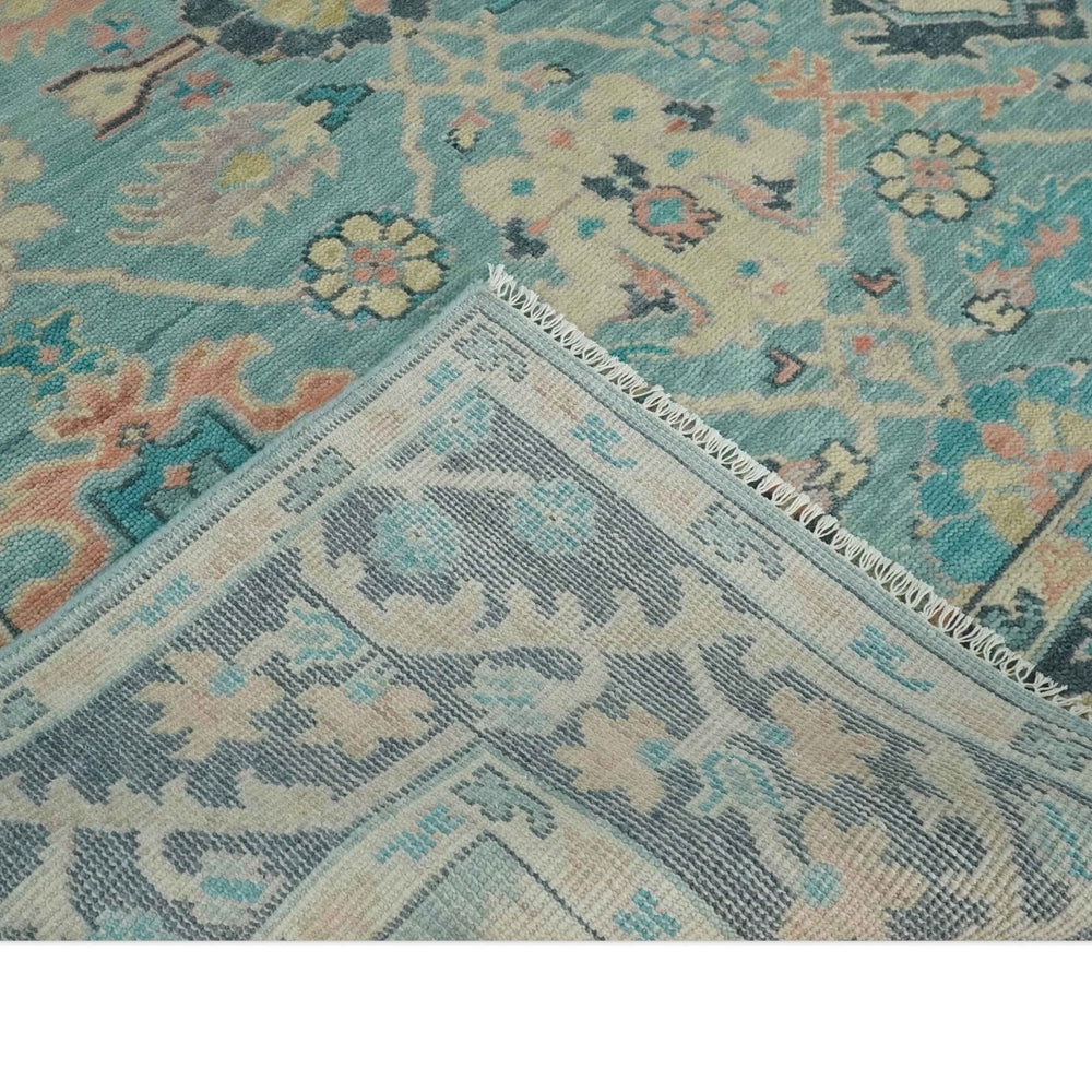 8x10 Antique Hand Knotted Teal, Charcoal and Beige Traditional Vintage Persian Oushak Wool Rug | TRDCP1367810