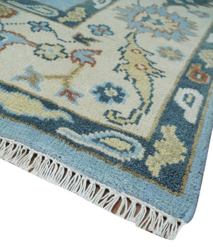 8x10 Aqua and Ivory Vibrant colorful Hand knotted Traditional oushak wool area rug
