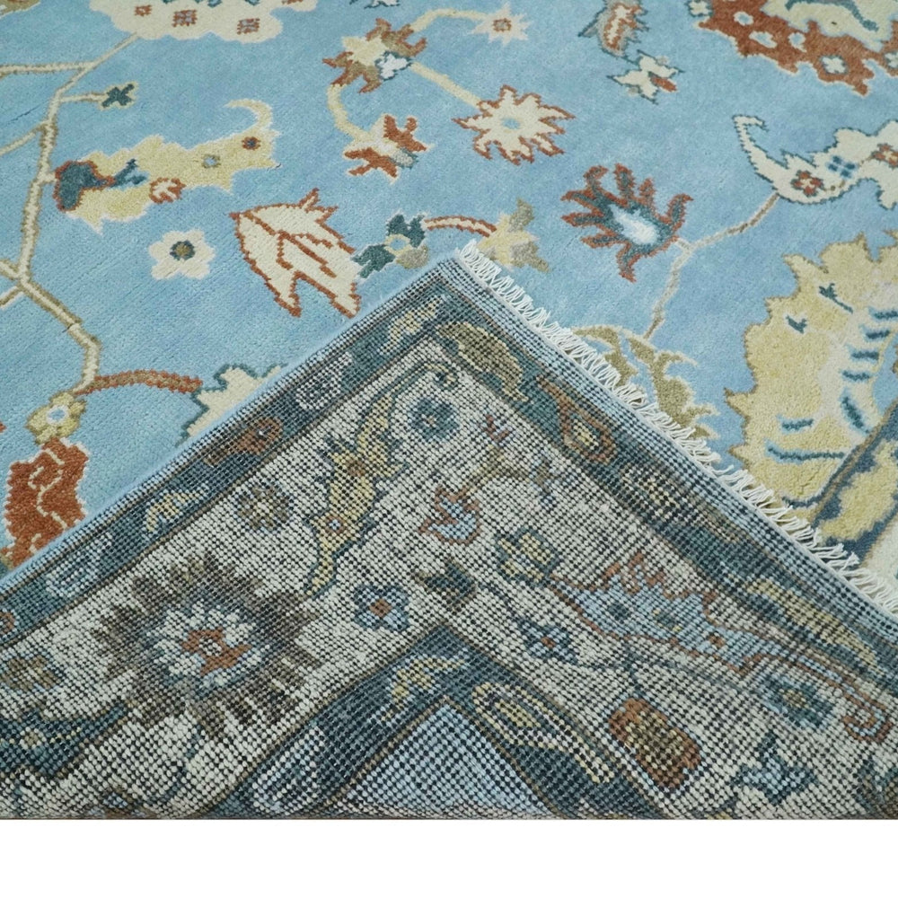 8x10 Aqua and Ivory Vibrant colorful Hand knotted Traditional oushak wool area rug