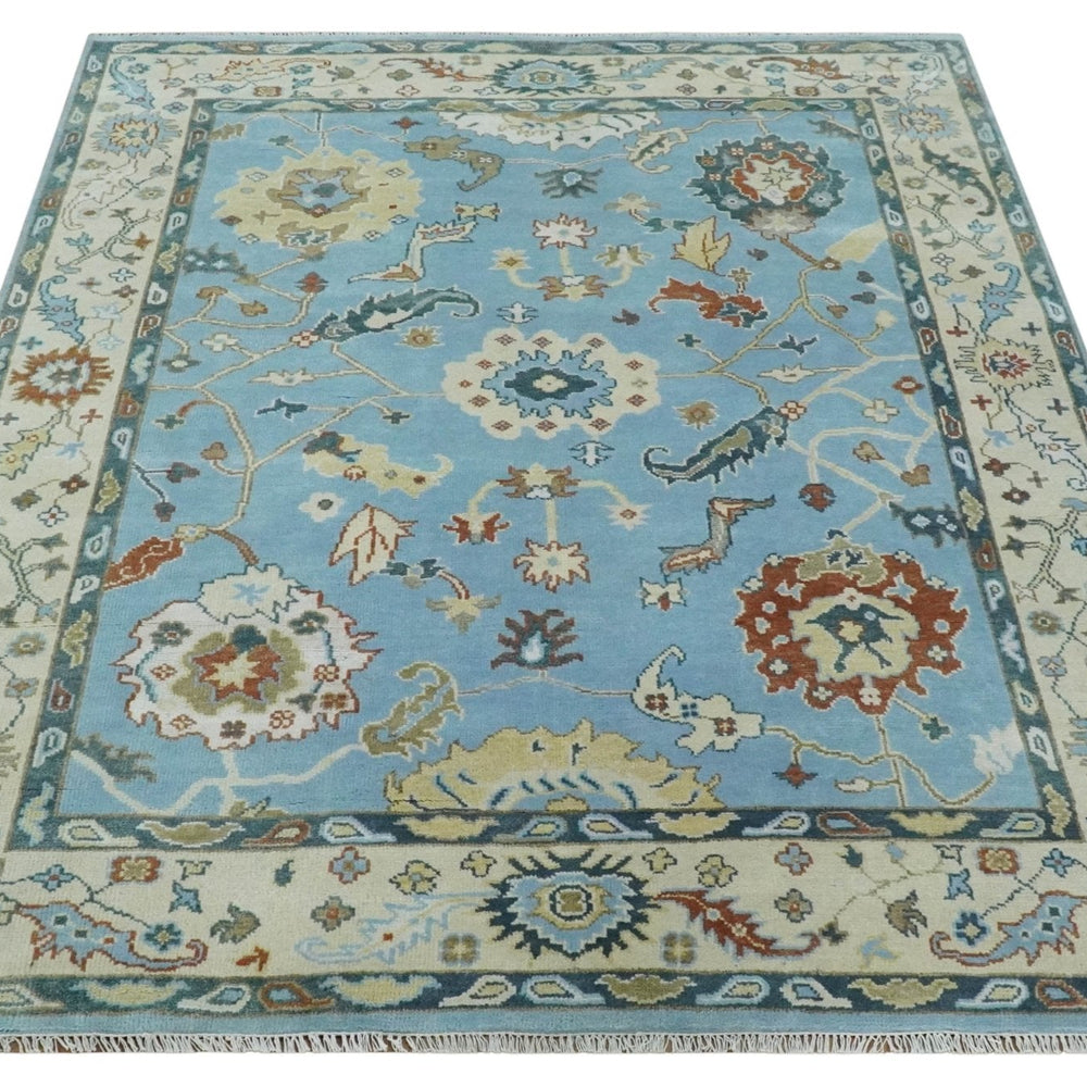 8x10 Aqua and Ivory Vibrant colorful Hand knotted Traditional oushak wool area rug