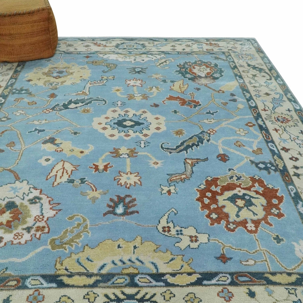 8x10 Aqua and Ivory Vibrant colorful Hand knotted Traditional oushak wool area rug