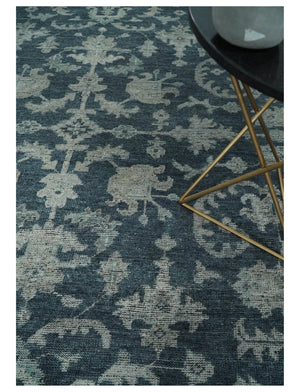 Antique Floral Distressed finished Hand Knotted Dark Teal and Beige Custom Made wool Area Rug