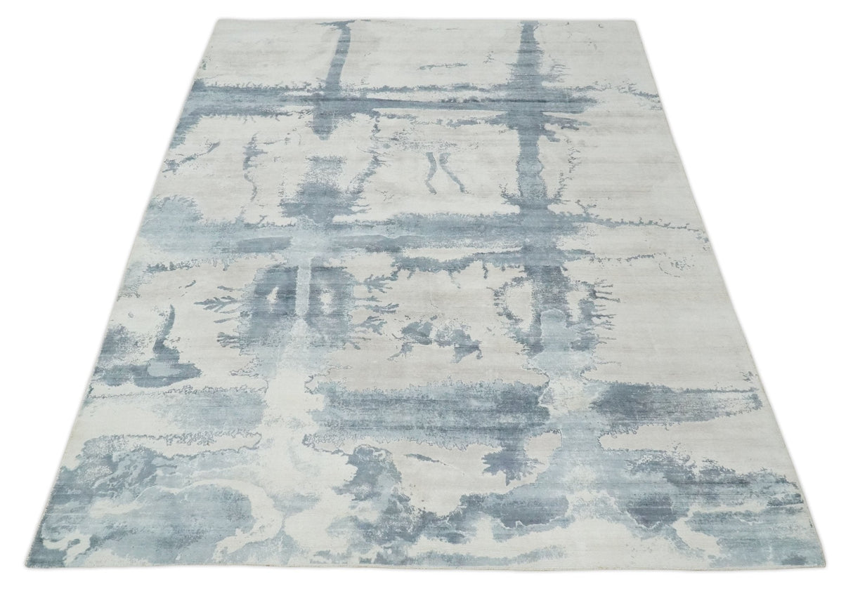 8x10 Beige and Gray Modern Abstract Handmade Fine Art Silk Area Rug