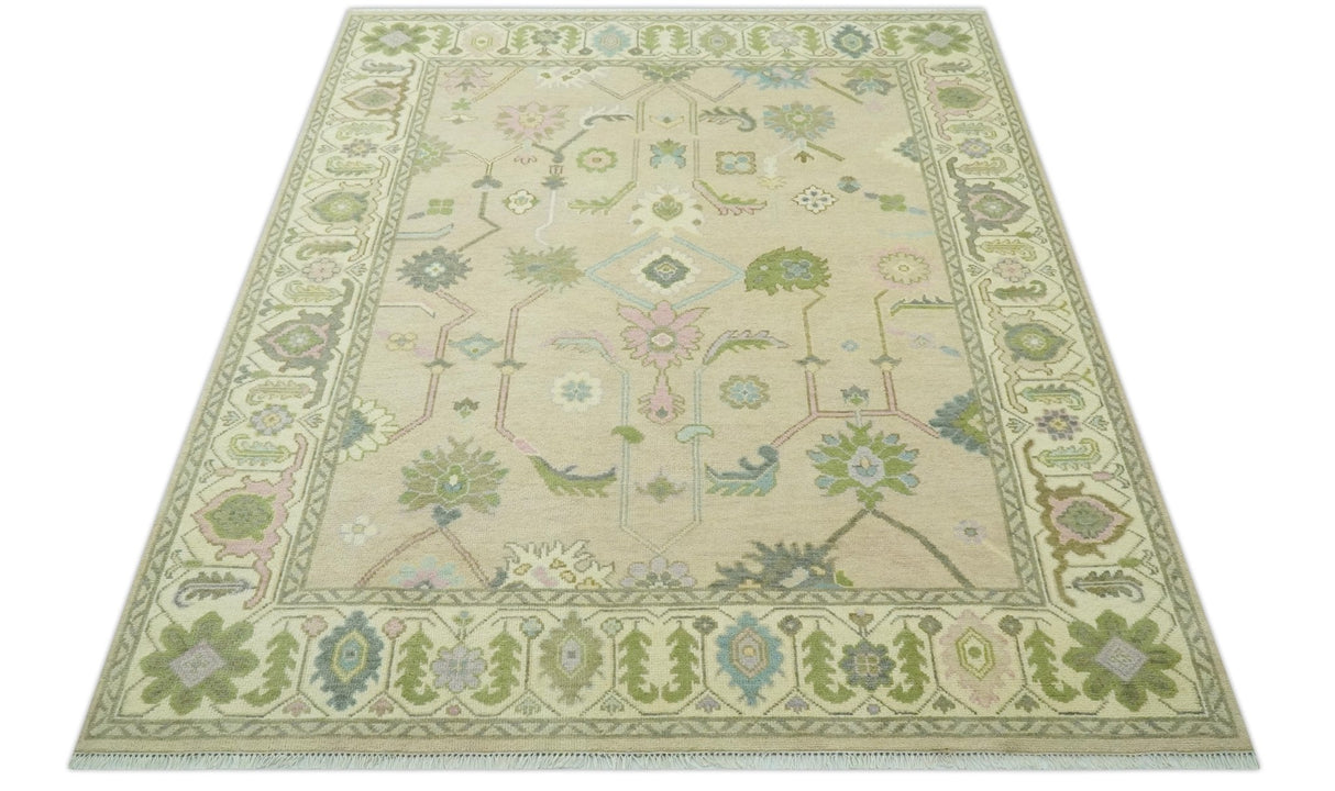 8x10 Beige and Green Hand Knotted Traditional Oriental Oushak wool area rug