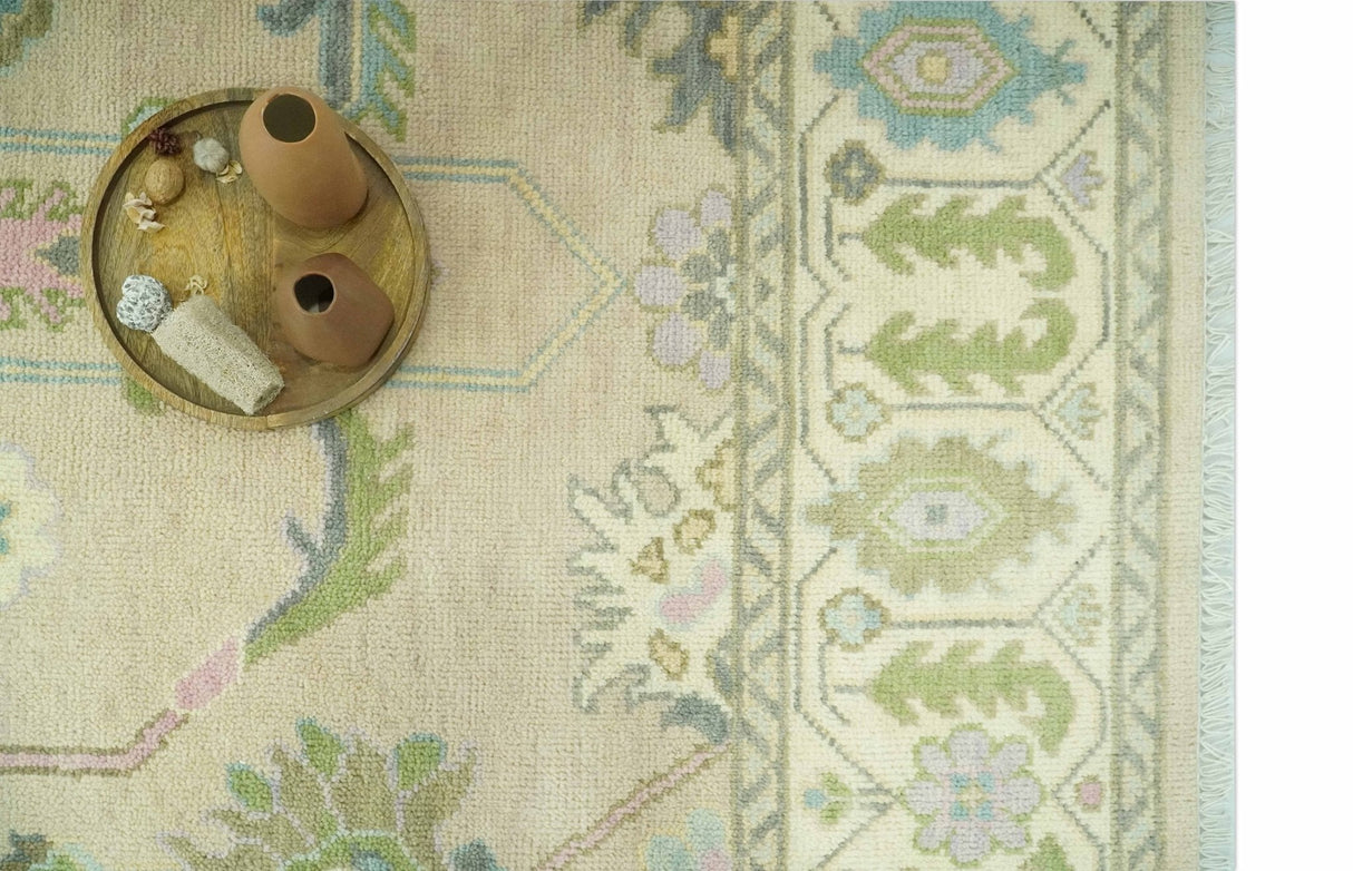 8x10 Beige and Green Hand Knotted Traditional Oriental Oushak wool area rug