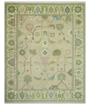 8x10 Beige and Green Hand Knotted Traditional Oriental Oushak wool area rug