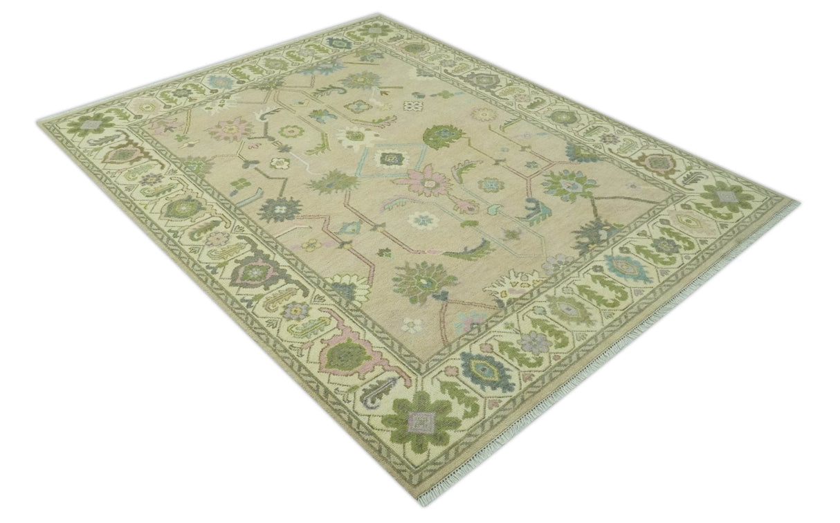 8x10 Beige and Green Hand Knotted Traditional Oriental Oushak wool area rug