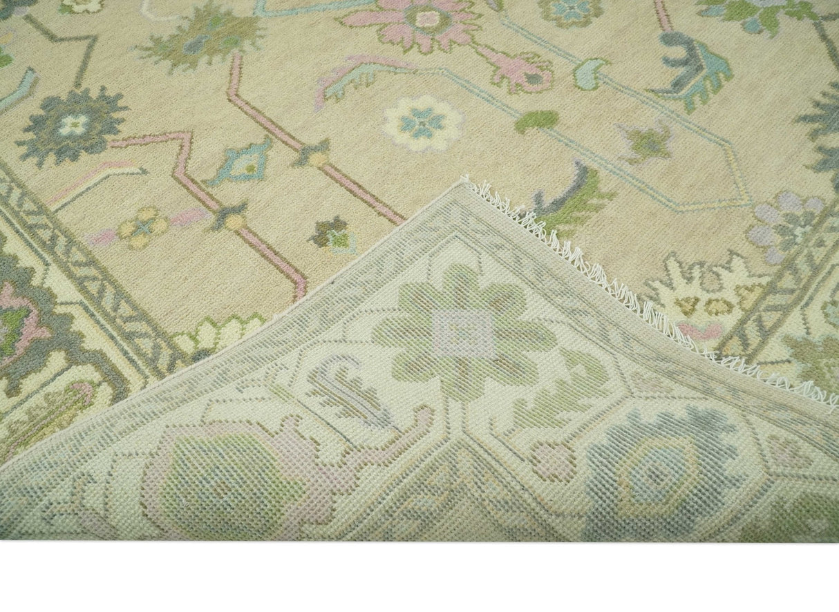 8x10 Beige and Green Hand Knotted Traditional Oriental Oushak wool area rug
