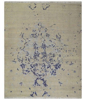 8x10 Beige, Blue and Silver Antique Style, Abstract Hand Knotted Low pile Wool Area Rug