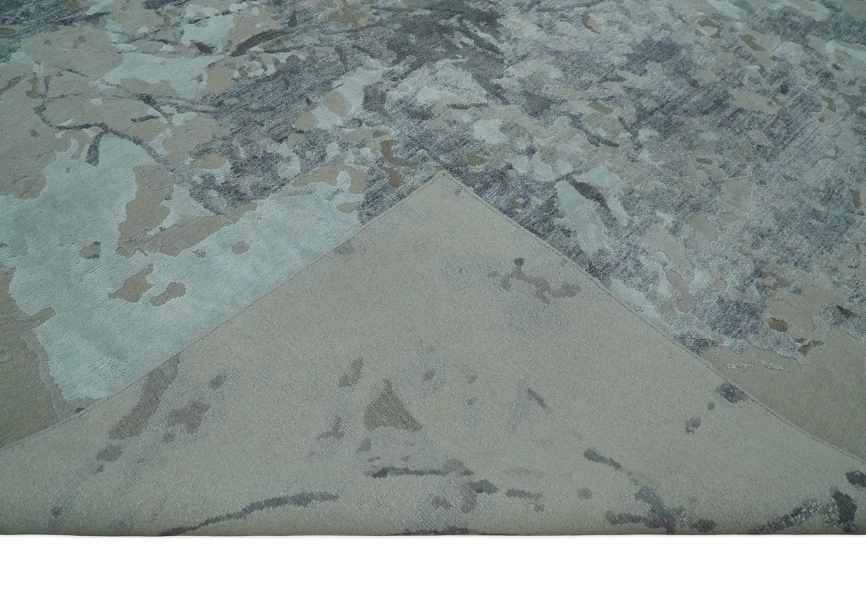 8x10 Beige, Ivory and Charcoal Modern Abstract Handmade Bamboo Silk Area Rug