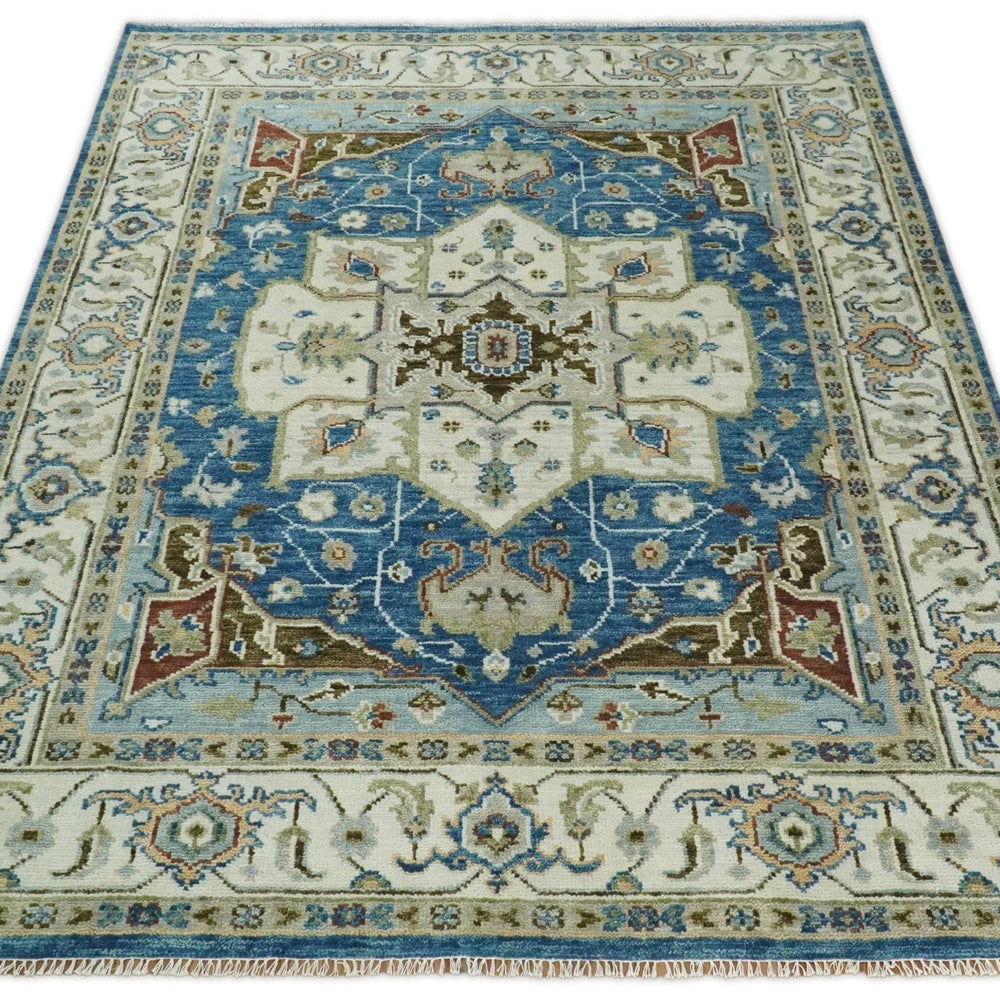 Blue and Ivory Traditional Persian Design Hand knotted Wool Area Rug