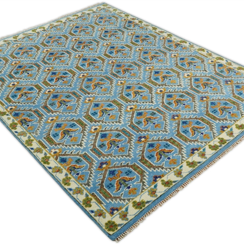 Blue, Brown and Beige Hand Knotted Wool Antique Vintage Style wool Area Rug