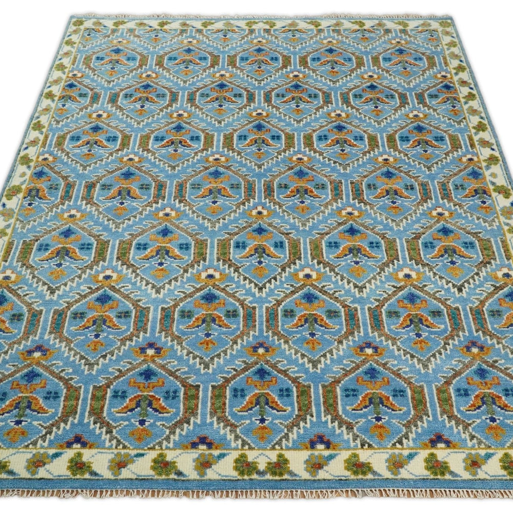 Blue, Brown and Beige Hand Knotted Wool Antique Vintage Style wool Area Rug