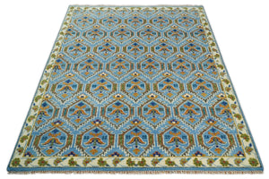 Blue, Brown and Beige Hand Knotted Wool Antique Vintage Style wool Area Rug