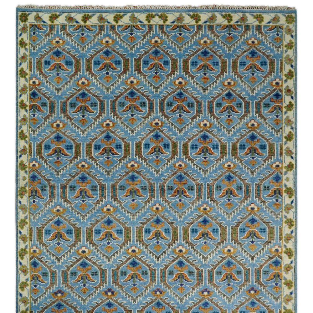 Blue, Brown and Beige Hand Knotted Wool Antique Vintage Style wool Area Rug