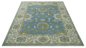 8x10 Blue, Ivory and Olive Hand Knotted Heriz Serapi Floral Area Rug | TRDCP1181810
