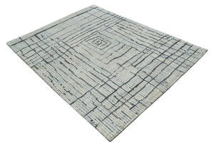 8x10 Contemporary Stripes pattern Beige, Silver and Charcoal Hand knotted wool Area Rug