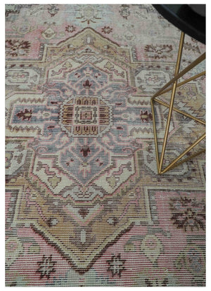 8x10 Distressed Low Pile Hand knotted Beige, Peach and Silver Wool Area Rug
